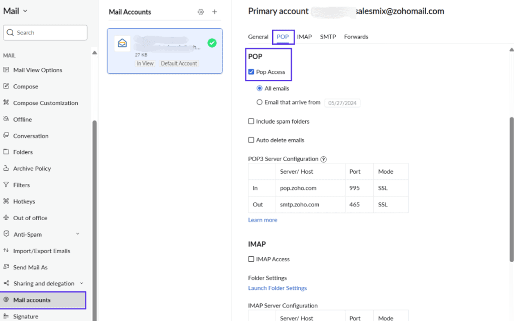 Zoho POP Settings