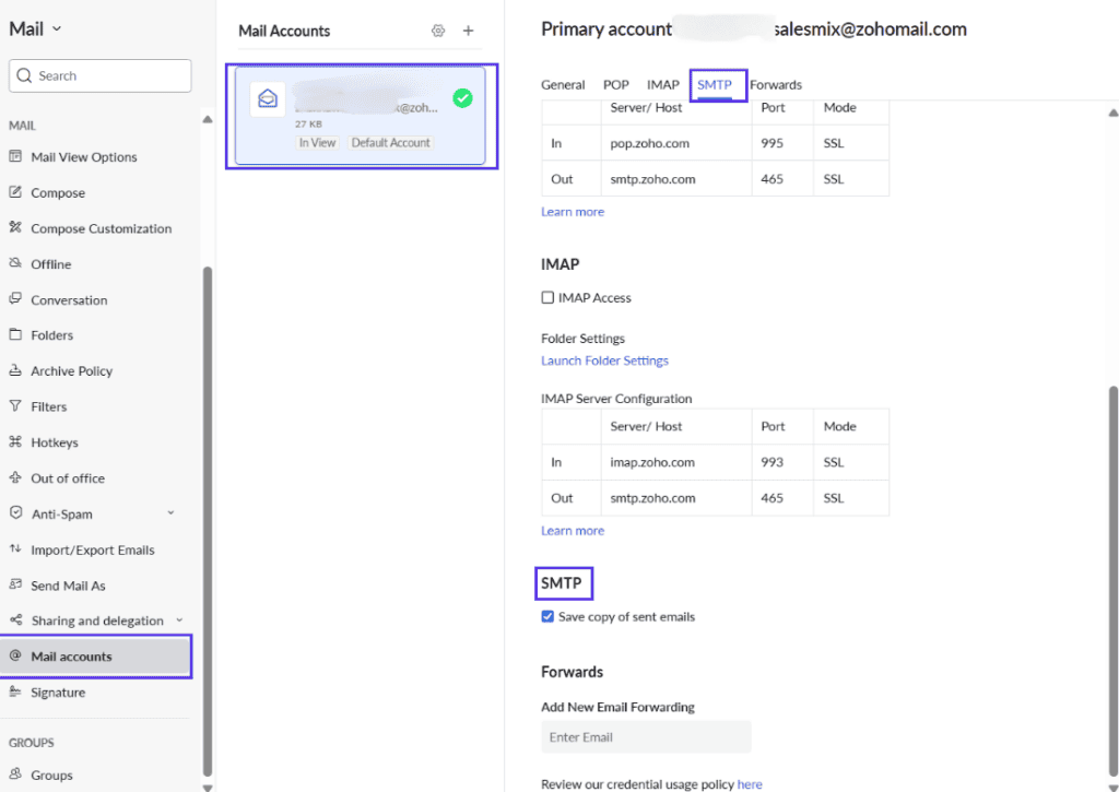 Zoho SMTP Settings