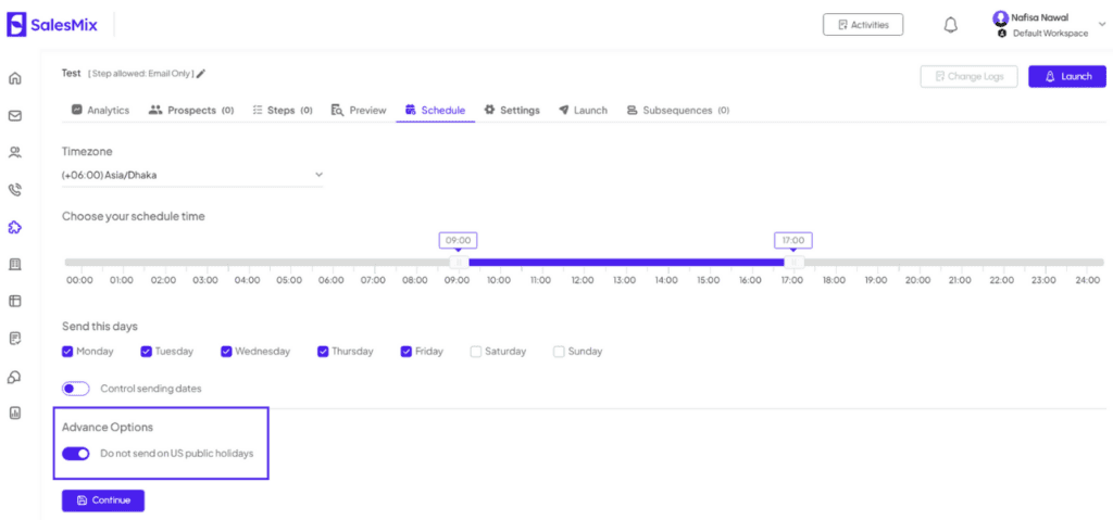 Cold email scheduling in SalesMix.