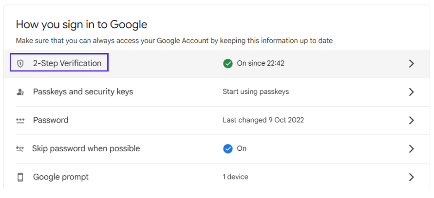 2-step Verification Option on Security Tab