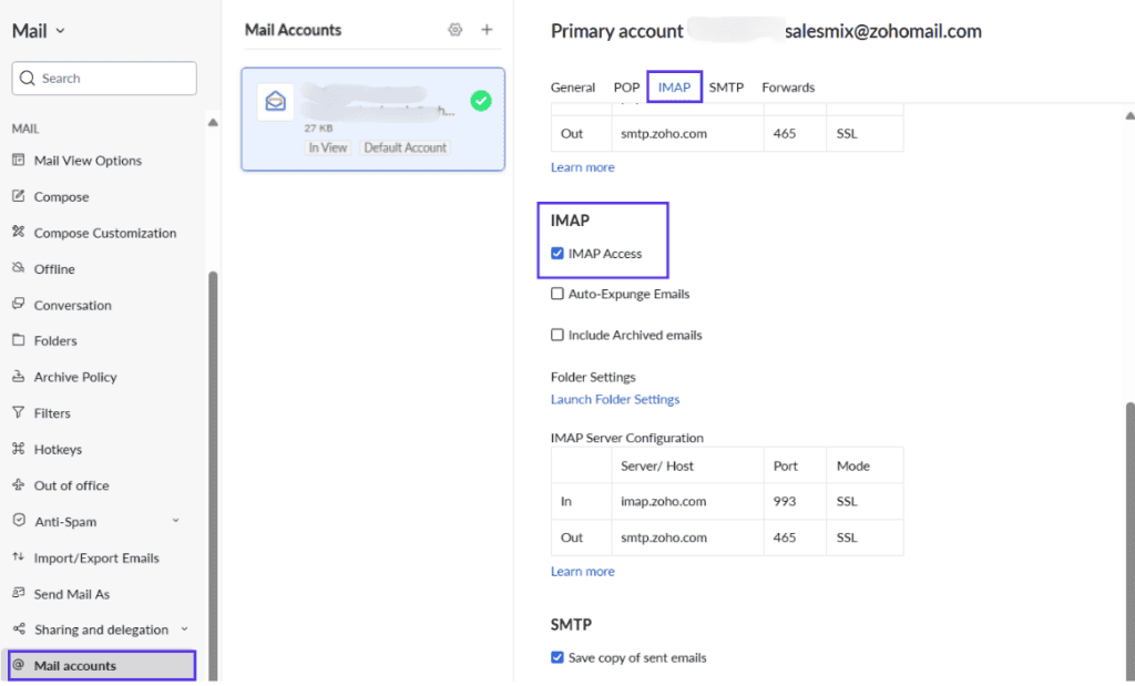 Zoho IMAP Settings